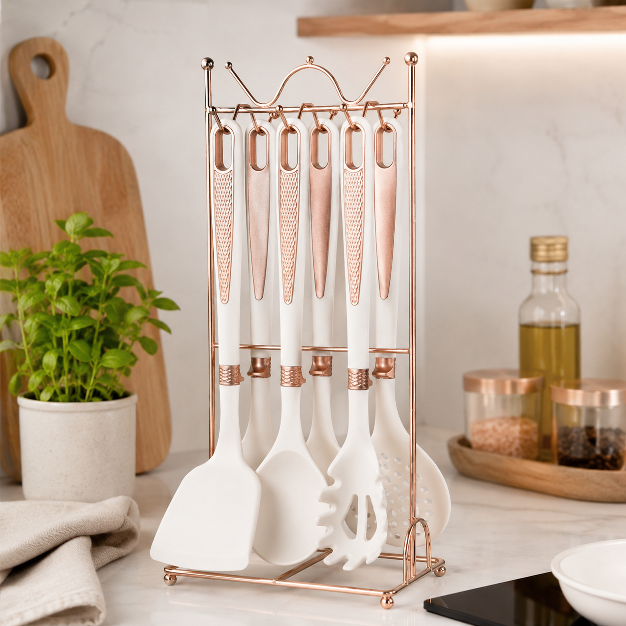Luxury 7-piece Kitchen Utensil Set with Rose Gold Holder