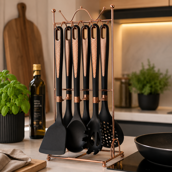 Luxe 7-delige Keukengerei Set met Rose Gold Houder