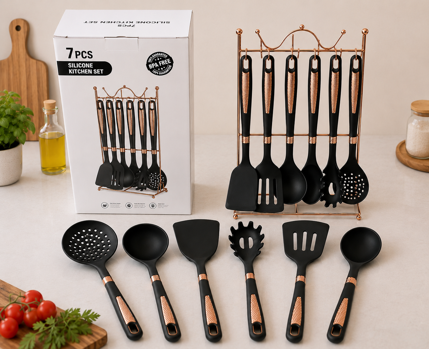 Luxury 7-piece Kitchen Utensil Set with Rose Gold Holder
