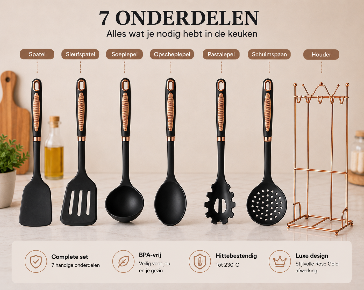 Luxury 7-piece Kitchen Utensil Set with Rose Gold Holder